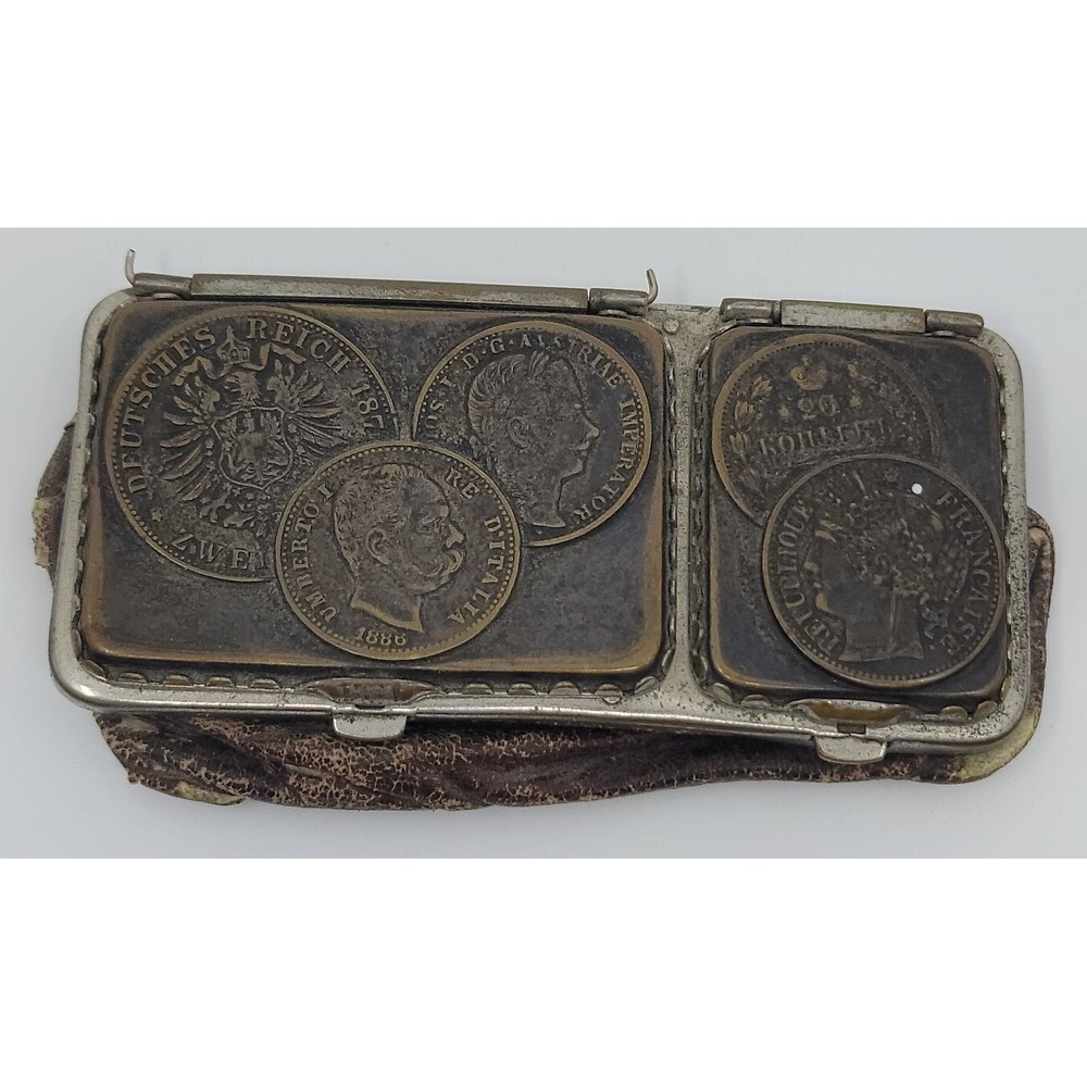 Vintage Art Nouveau World Currency Leather Coin Bag Pouch Early Antique